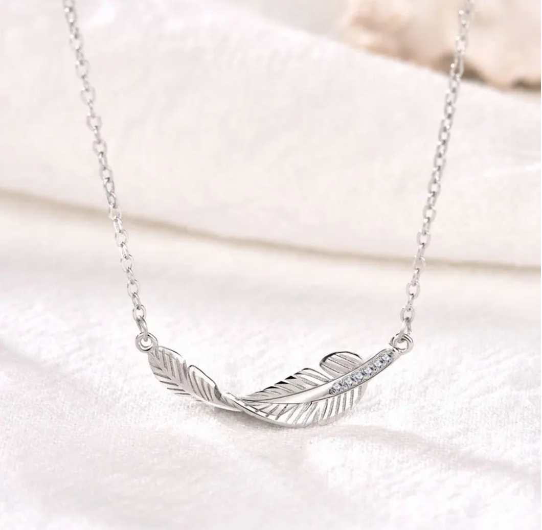 925 Sterling Silver Crystal Feather Charm Pendant Necklace