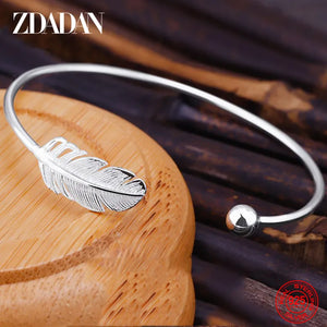 925 Sterling Silver Round Bead Feather Bangles Adjustable Braclet