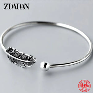 925 Sterling Silver Round Bead Feather Bangles Adjustable Braclet