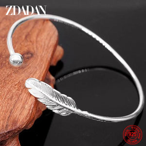 925 Sterling Silver Round Bead Feather Bangles Adjustable Braclet