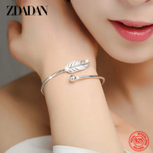 Load image into Gallery viewer, 925 Sterling Silver Round Bead Feather Bangles Adjustable Braclet