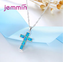 Load image into Gallery viewer, Blue Fire Opal - Cross Pendant - Necklace &amp; Earring Set - 925 Sterling Silver