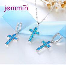 Load image into Gallery viewer, Blue Fire Opal - Cross Pendant - Necklace &amp; Earring Set - 925 Sterling Silver