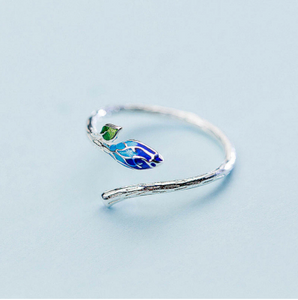 Blue New Life Leaf - 925 Sterling Silver Adjustable Ring