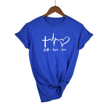 Load image into Gallery viewer, Bright Blue Faith - Hope - Love - Women&#39;s Heartbeat Christian T Shirt