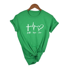 Load image into Gallery viewer, Green Faith - Hope - Love - Women&#39;s Heartbeat Christian T Shirt