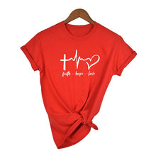 Load image into Gallery viewer, Red Faith - Hope - Love - Women&#39;s Heartbeat Christian T Shirt