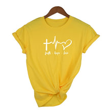 Load image into Gallery viewer, Yellow Faith - Hope - Love - Women&#39;s Heartbeat Christian T Shirt