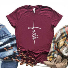 Load image into Gallery viewer, Burgundy T shirt faith cross