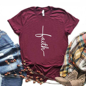 Burgundy T shirt faith cross