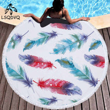 Load image into Gallery viewer, Round Beach Towel with coloured feather tapestry and tassels