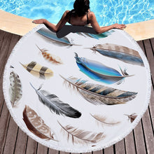 Load image into Gallery viewer, Round Beach Towel with coloured feather tapestry and tassels