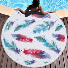 Load image into Gallery viewer, Bohemian Round Beach Towel with Tassels - Colorful Feather Tapestry