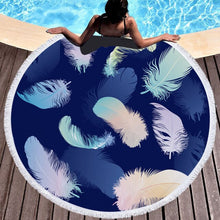 Load image into Gallery viewer, Round Beach Towel with coloured feather tapestry and tassels