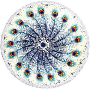 Bohemian Round Beach Towel with Tassels - Colorful Feather Tapestry