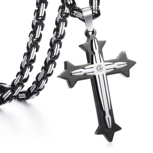 3 Layer Cross Pendant Necklaces for Men - Stainless Steel Black